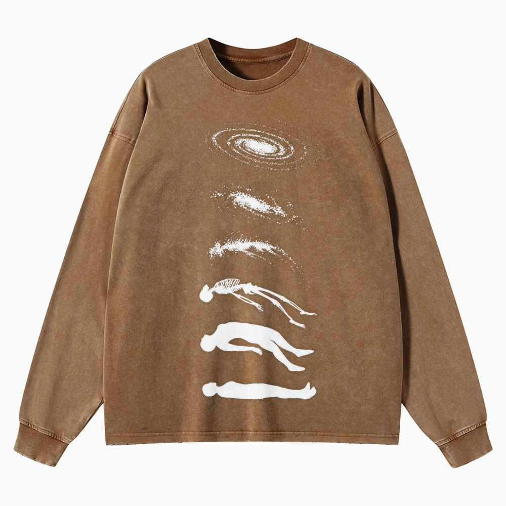 Galaxy & Human Evolution Graphic Washed Long-Sleeved T-Shirt