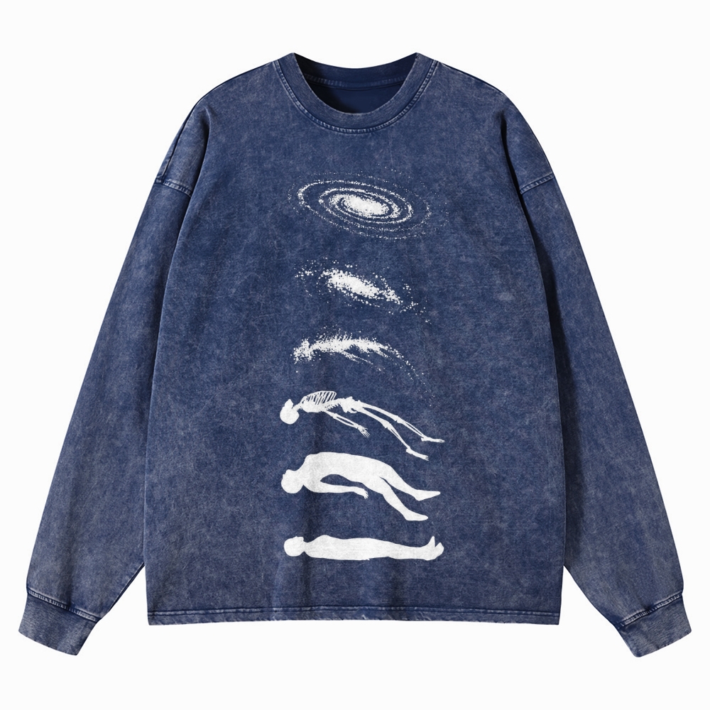 Galaxy & Human Evolution Graphic Washed Long-Sleeved T-Shirt