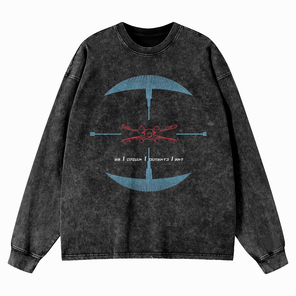 Drone & Futuristic Graphic Washed Long-Sleeved T-Shirt