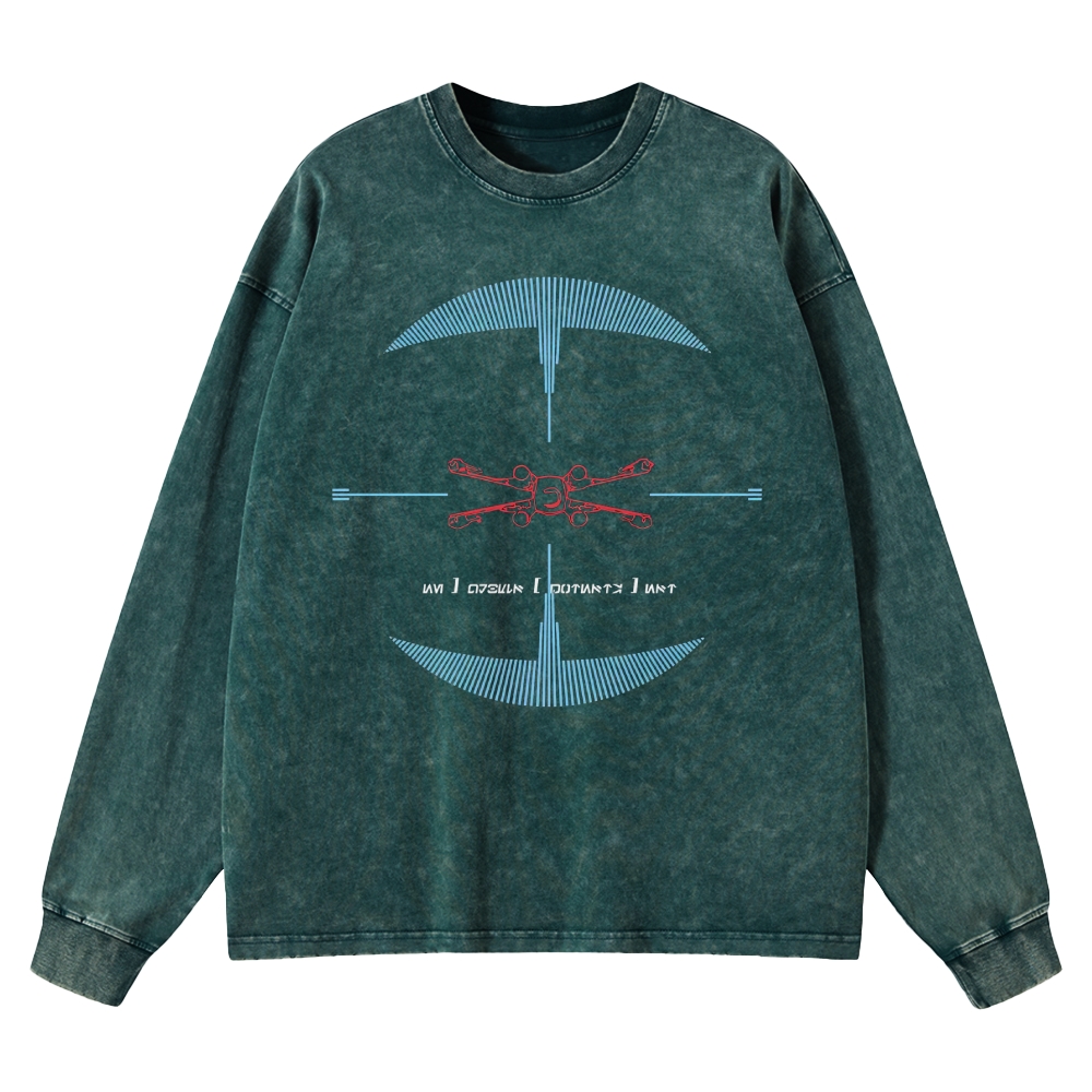 Drone & Futuristic Graphic Washed Long-Sleeved T-Shirt