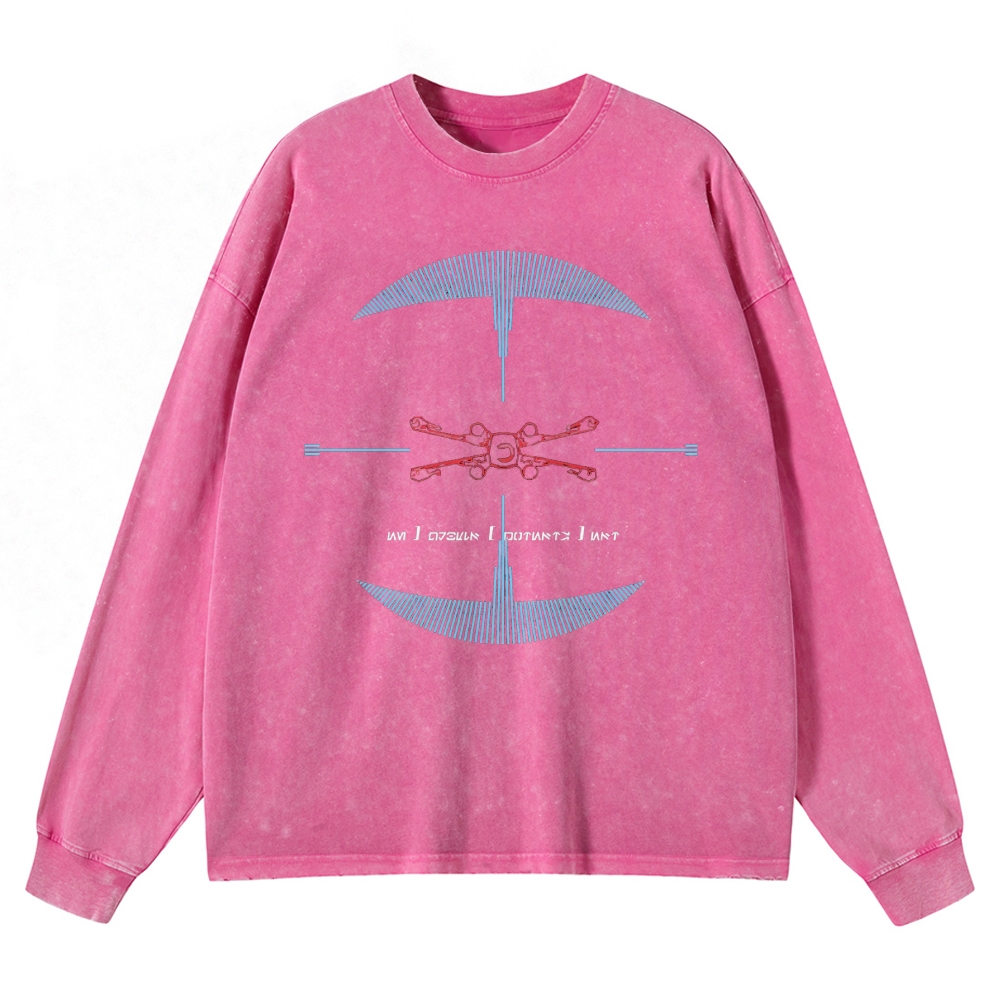 Drone & Futuristic Graphic Washed Long-Sleeved T-Shirt