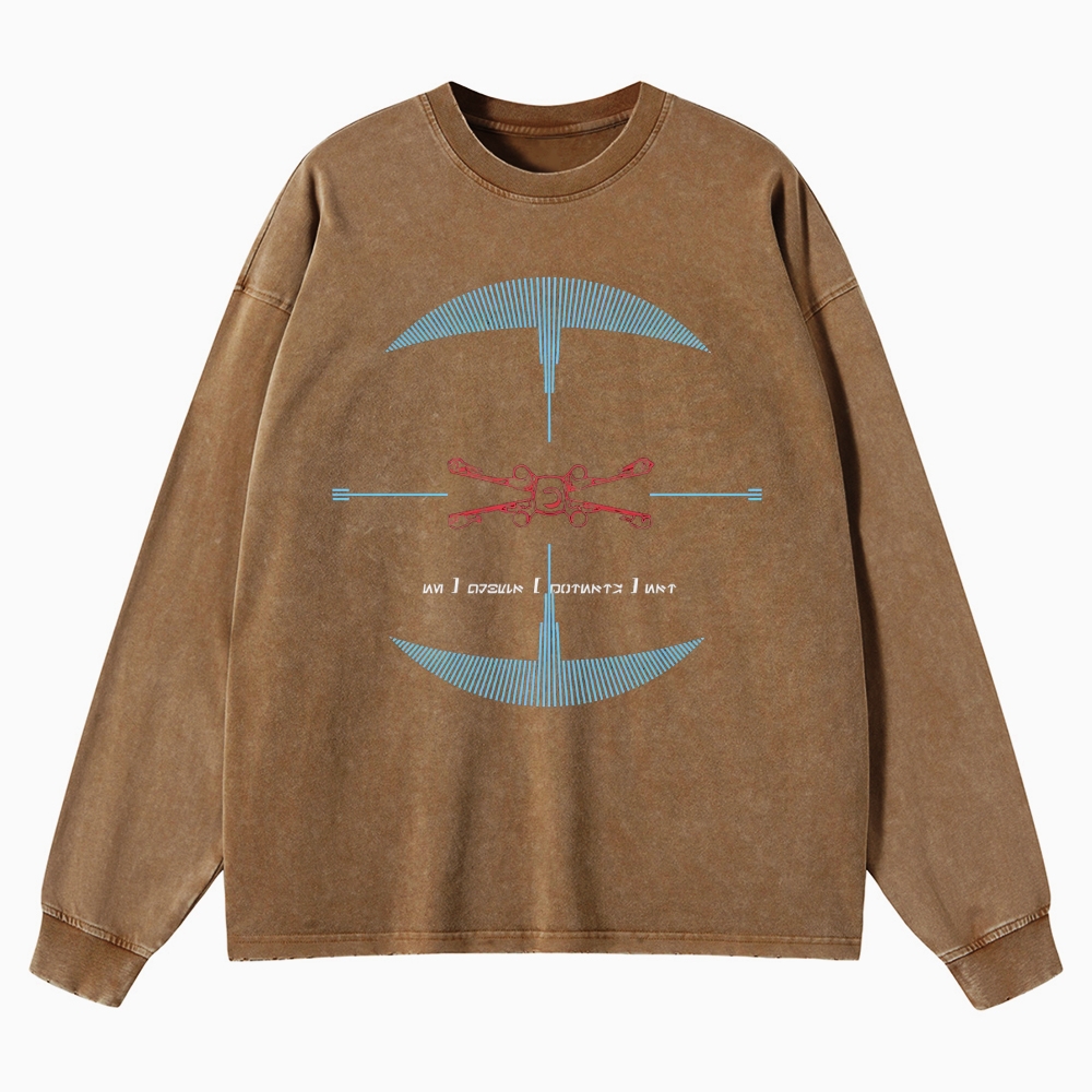 Drone & Futuristic Graphic Washed Long-Sleeved T-Shirt