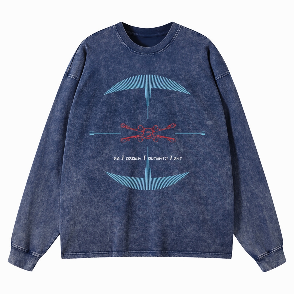 Drone & Futuristic Graphic Washed Long-Sleeved T-Shirt