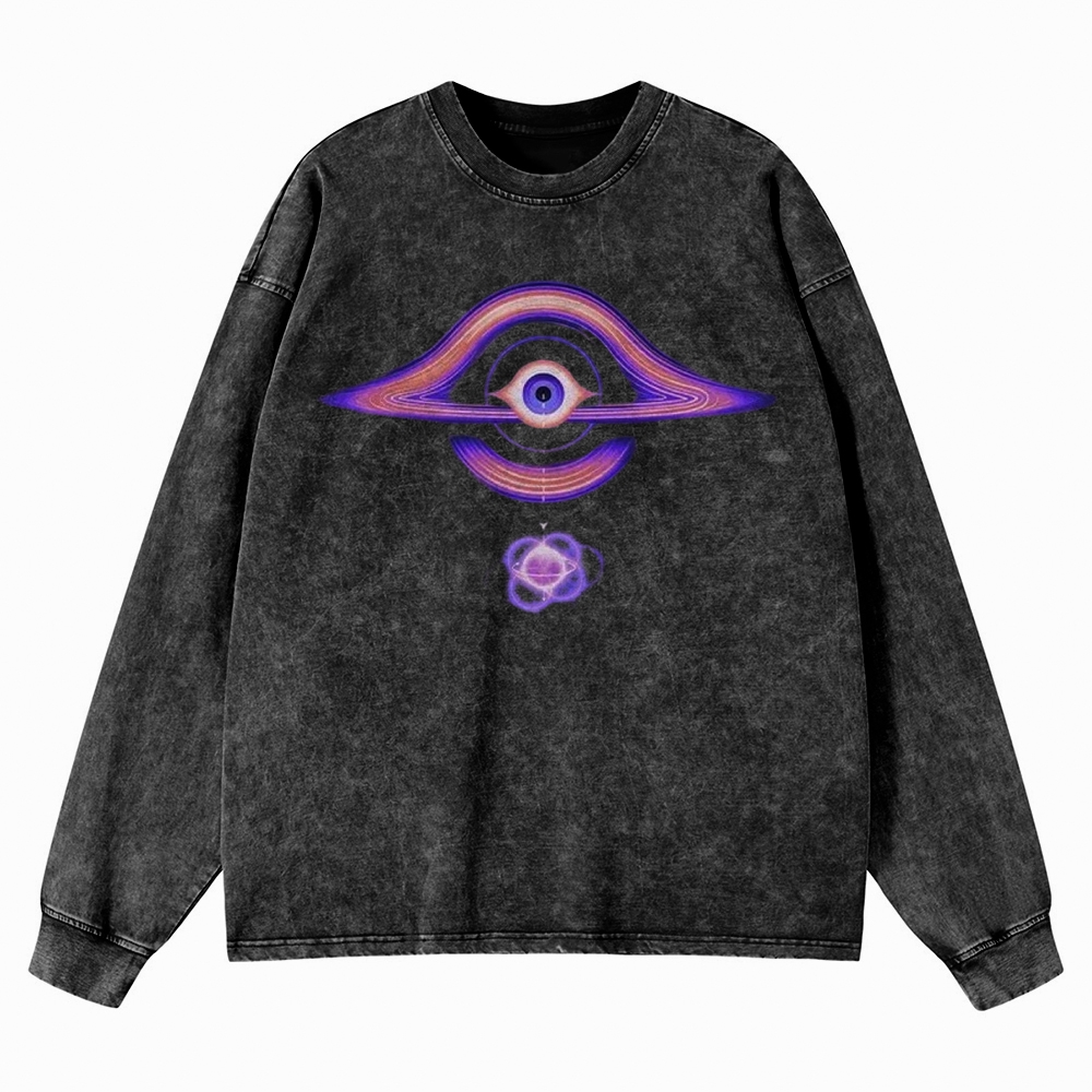 Cosmic Eye & Psychedelic Galaxy Graphic Washed Long-Sleeved T-Shirt