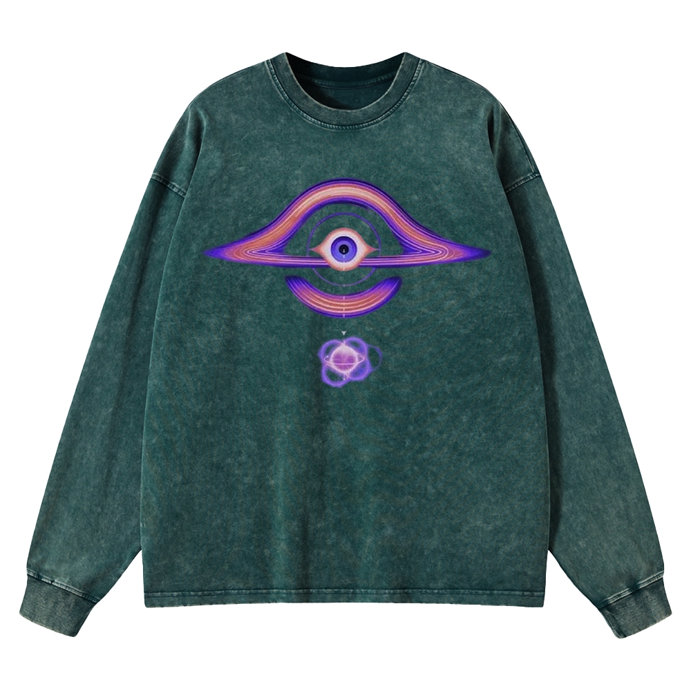 Cosmic Eye & Psychedelic Galaxy Graphic Washed Long-Sleeved T-Shirt