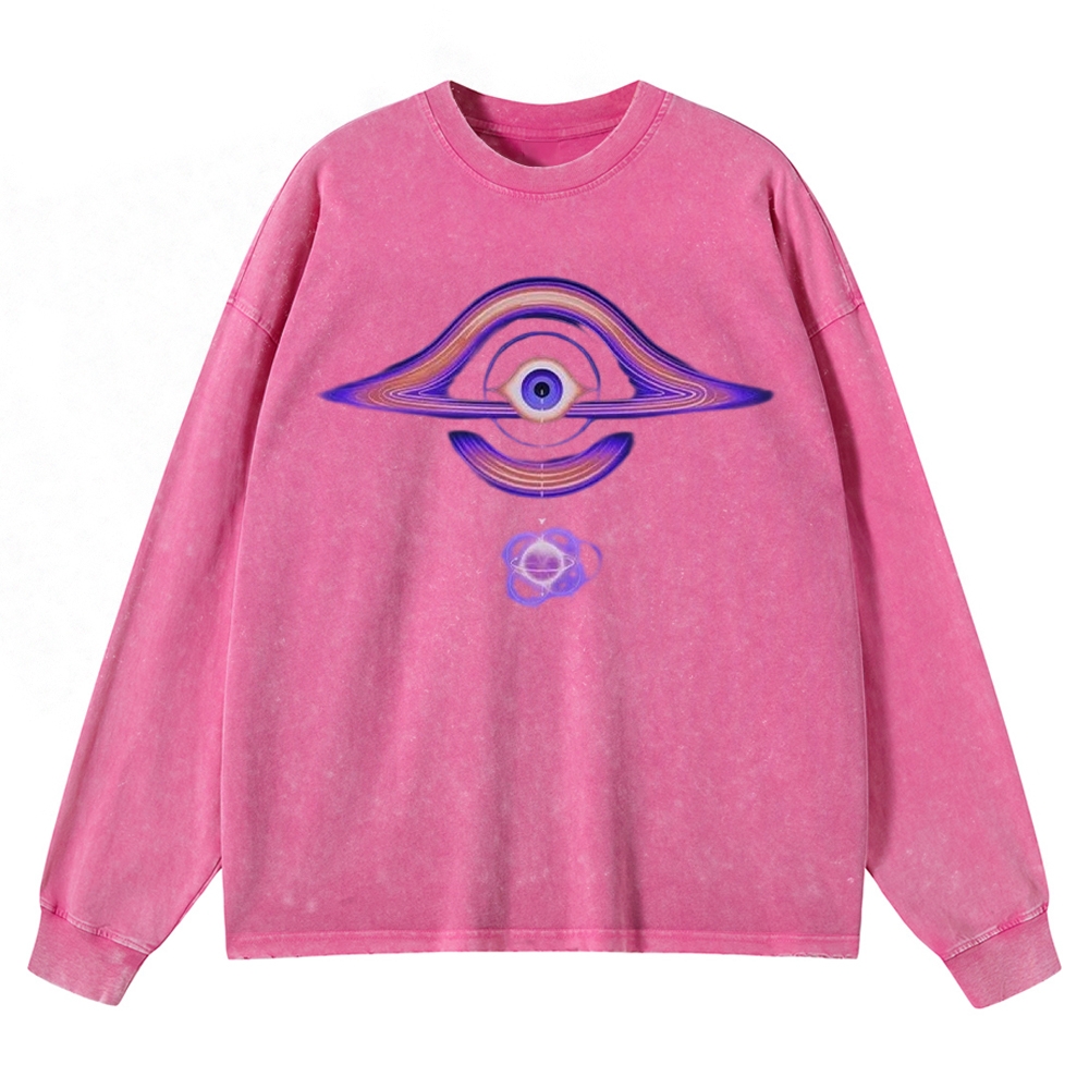Cosmic Eye & Psychedelic Galaxy Graphic Washed Long-Sleeved T-Shirt