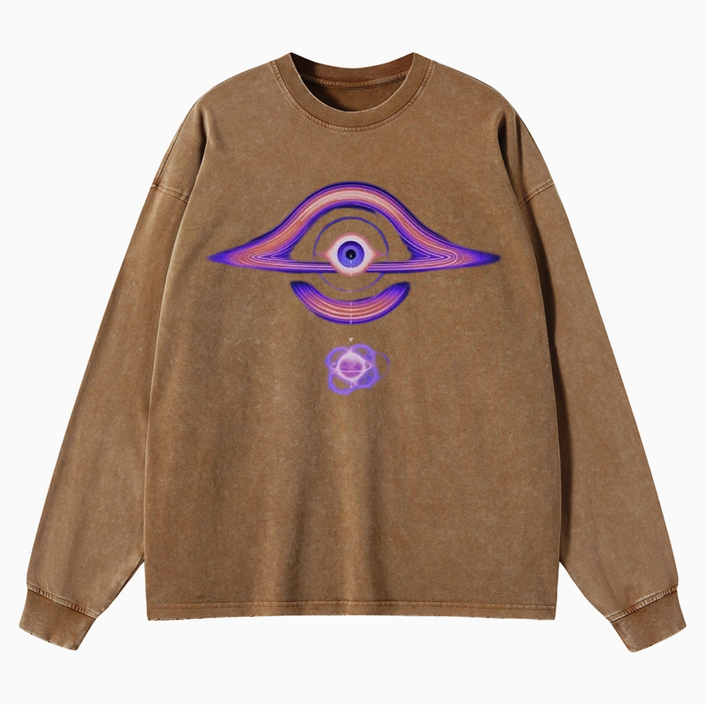 Cosmic Eye & Psychedelic Galaxy Graphic Washed Long-Sleeved T-Shirt