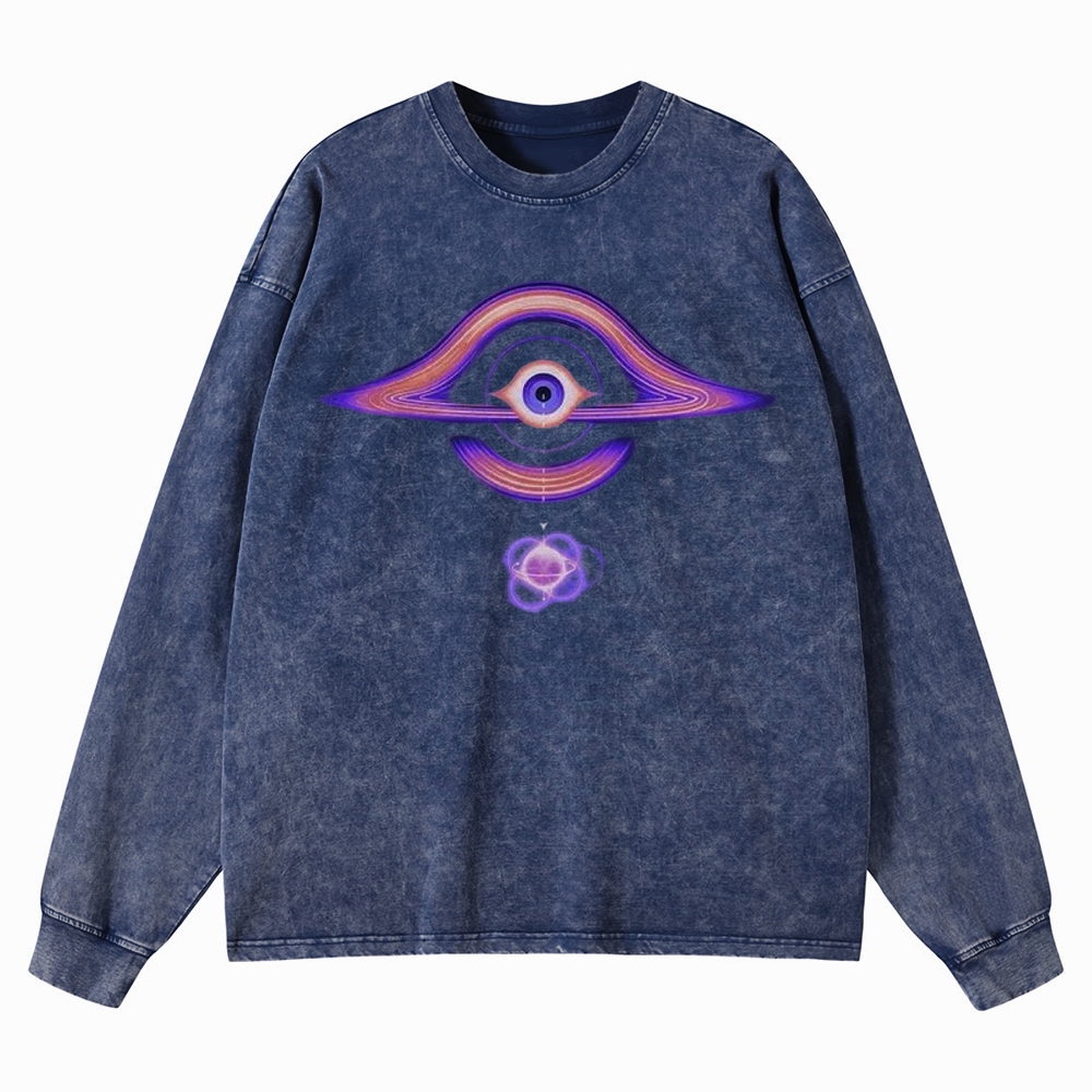 Cosmic Eye & Psychedelic Galaxy Graphic Washed Long-Sleeved T-Shirt