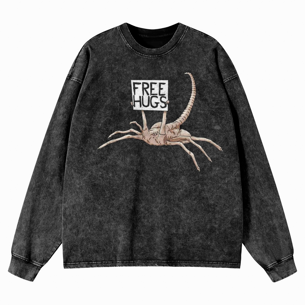 Free Hugs Alien Creature Retro Washed Long-Sleeved T-Shirt 