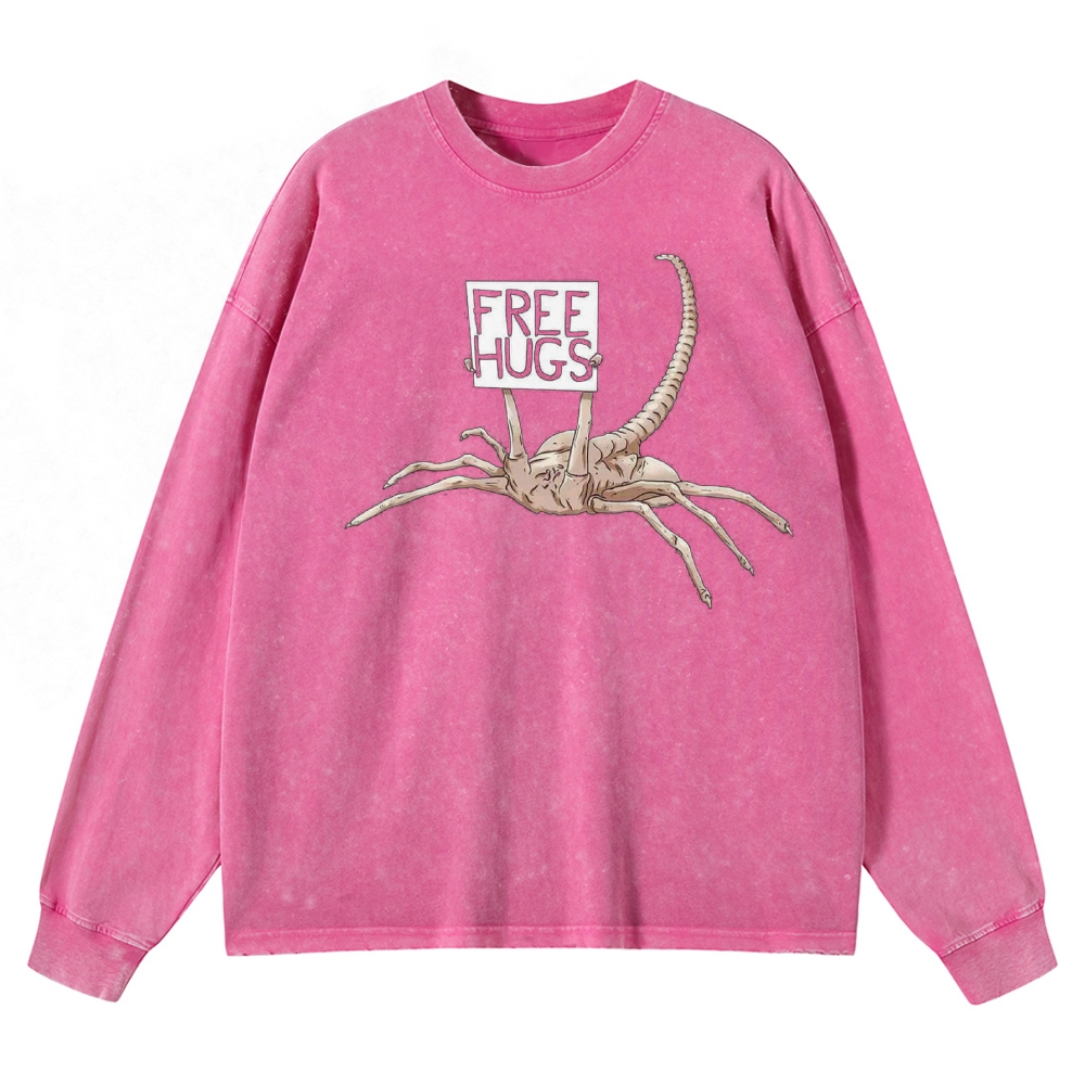 Free Hugs Alien Creature Retro Washed Long-Sleeved T-Shirt 