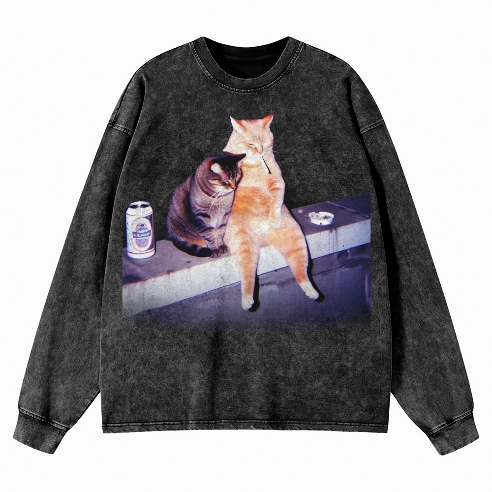 Vintage Smoking Cat  Washed Long-Sleeved T-Shirt 