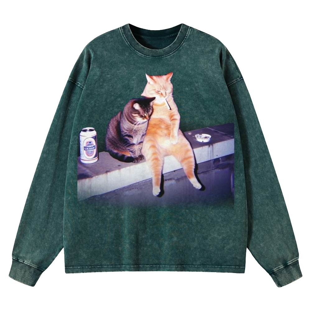 Vintage Smoking Cat  Washed Long-Sleeved T-Shirt 