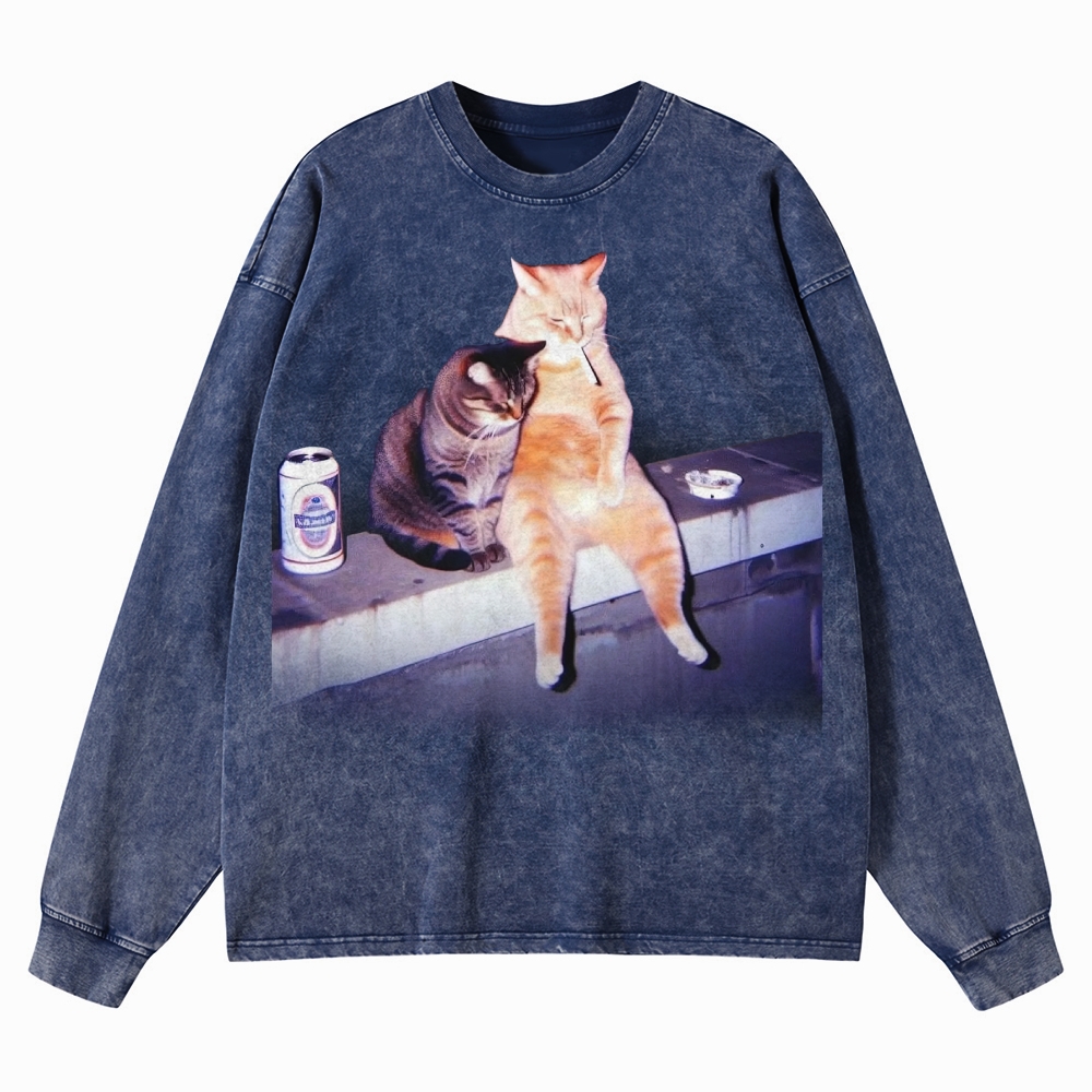 Vintage Smoking Cat  Washed Long-Sleeved T-Shirt 