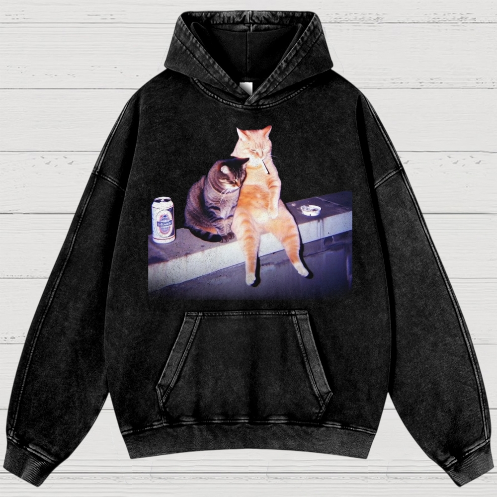 Vintage Smoking Cat  Washed Hoodies 