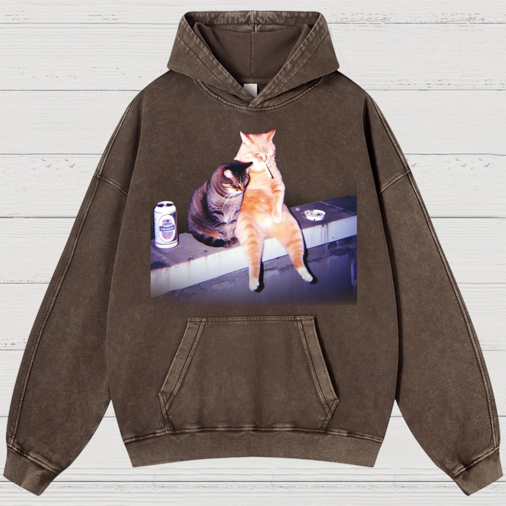 Vintage Smoking Cat  Washed Hoodies 