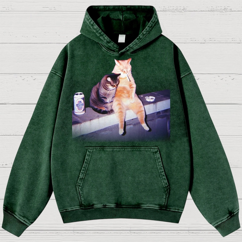 Vintage Smoking Cat  Washed Hoodies 