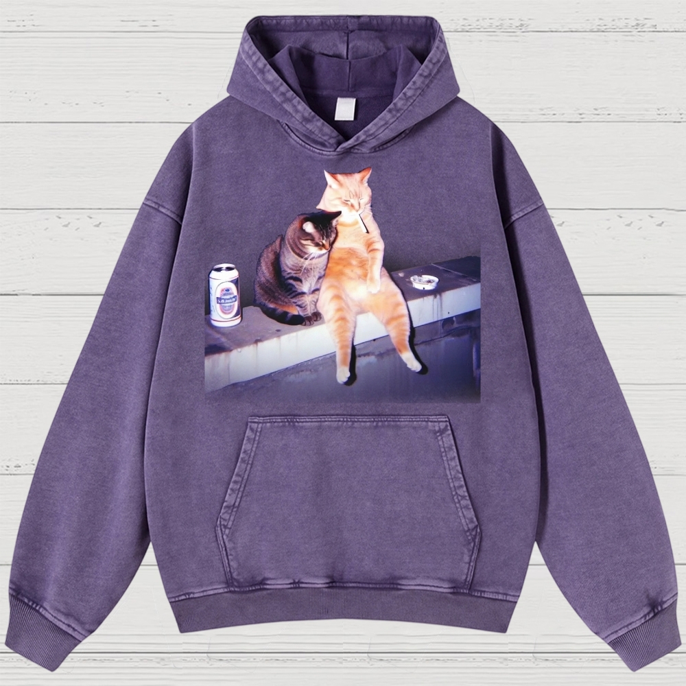 Vintage Smoking Cat  Washed Hoodies 
