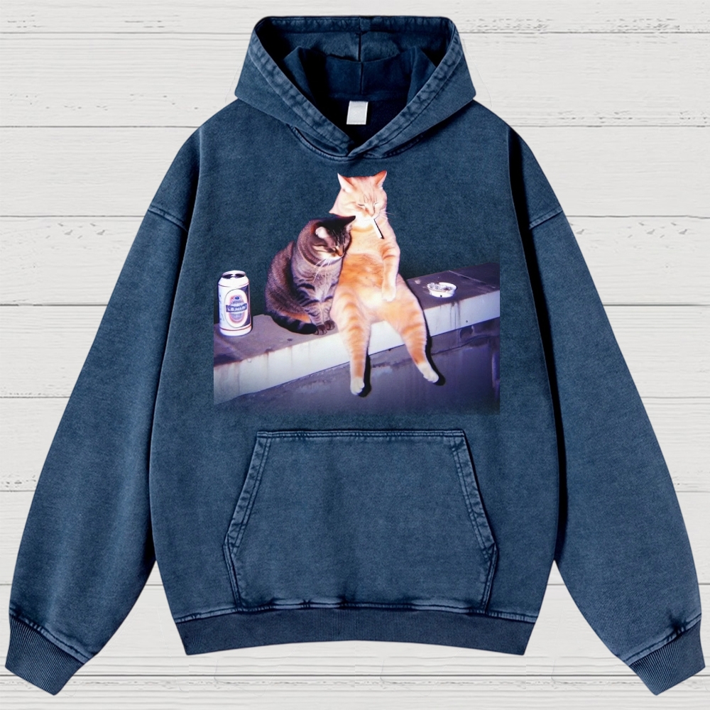 Vintage Smoking Cat  Washed Hoodies 