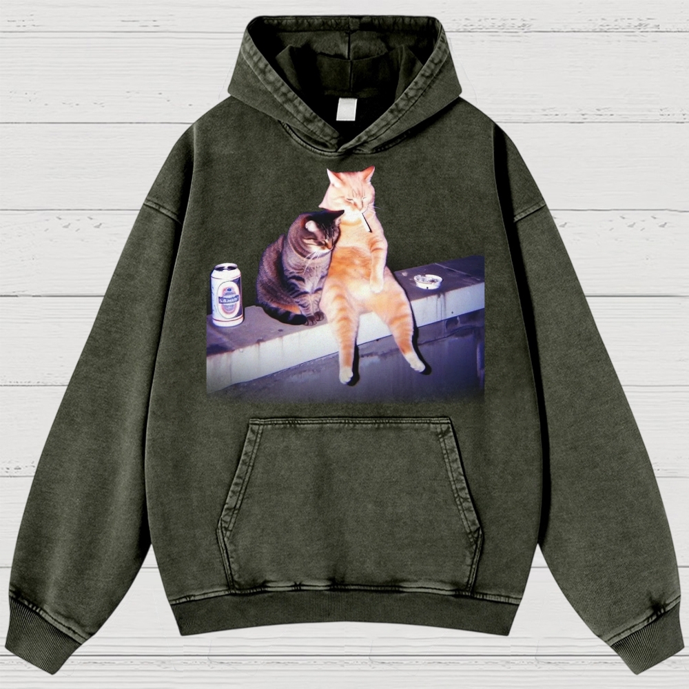 Vintage Smoking Cat  Washed Hoodies 