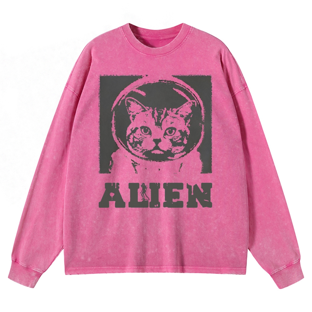Space Cat Washed Long-Sleeved T-Shirt 