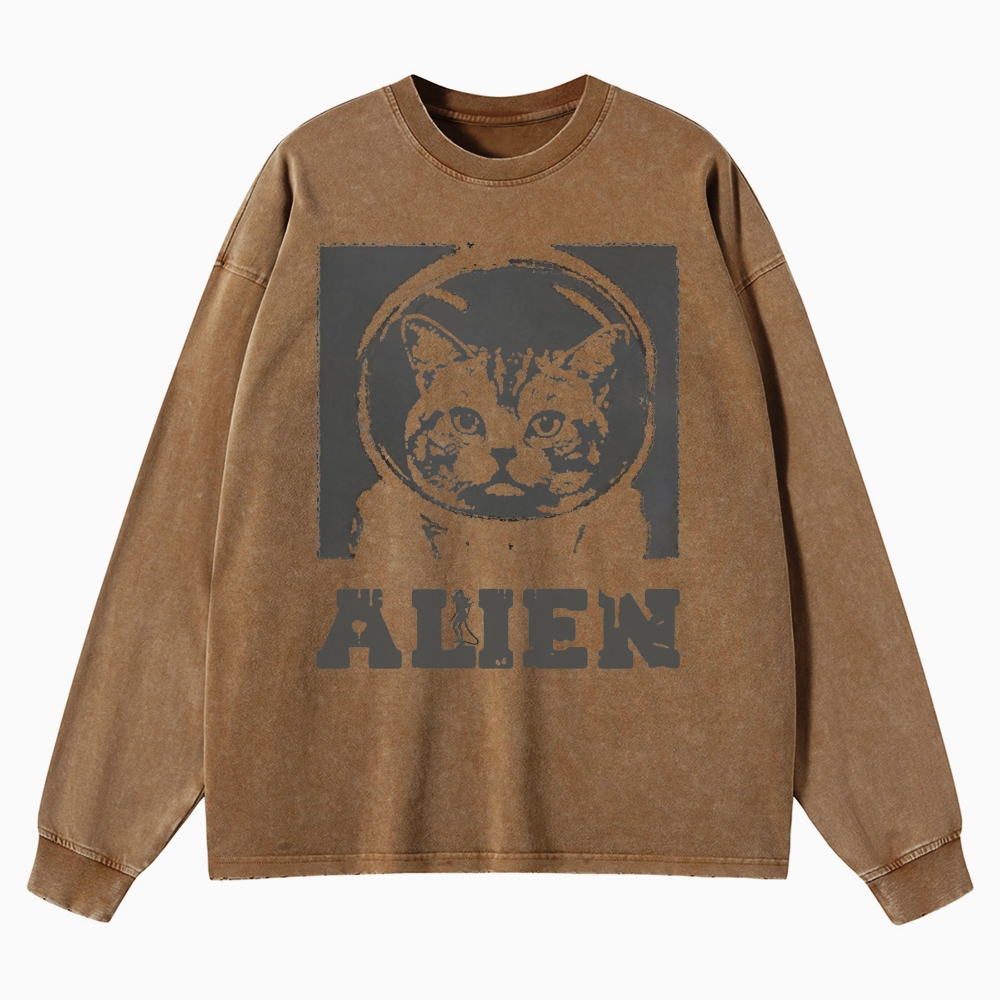 Space Cat Washed Long-Sleeved T-Shirt 