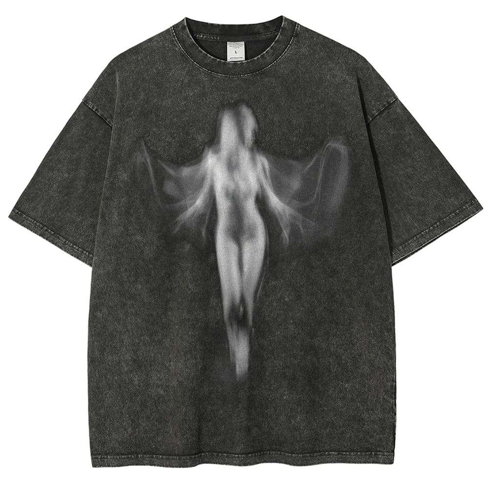 Fantasy Angel Wings Printed  Washed T-Shirt 