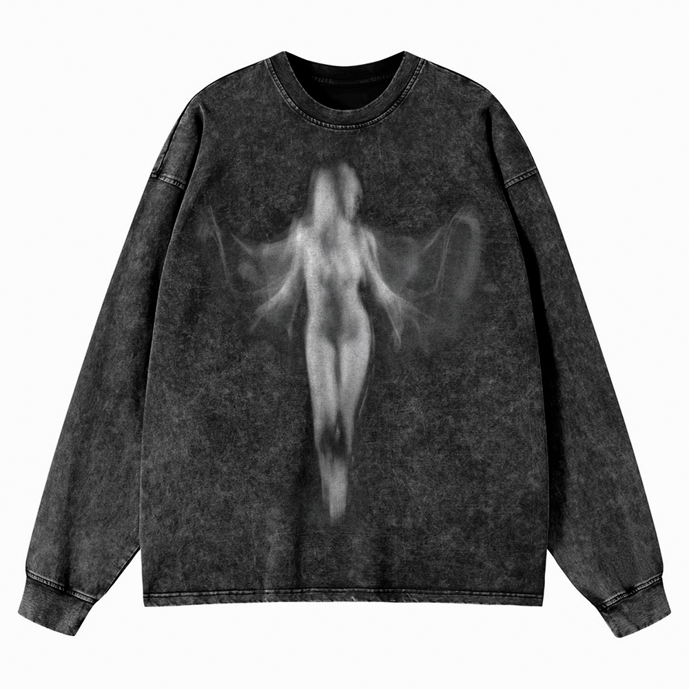 Fantasy Angel Wings Printed  Washed Long-Sleeved T-Shirt
