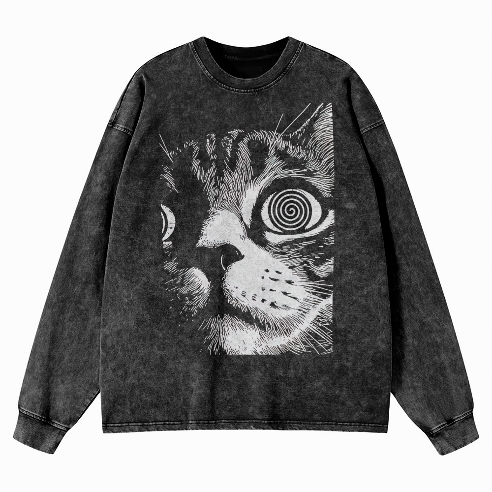 Cat Face Washed Long-Sleeved T-Shirt 