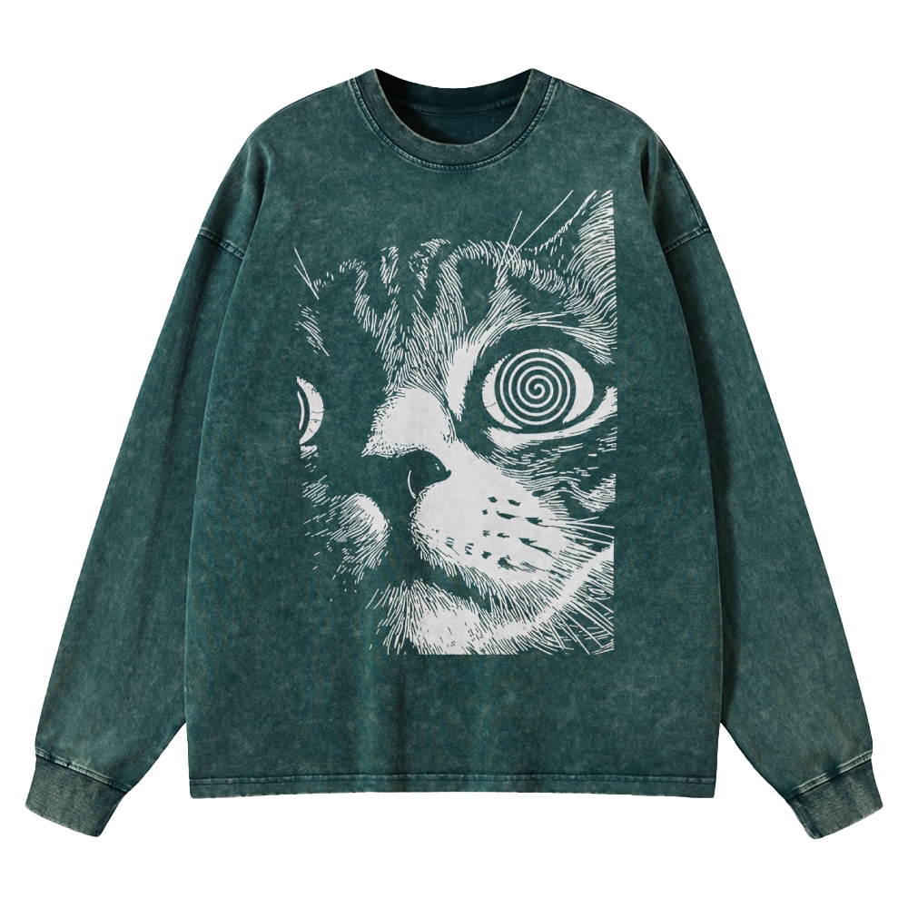 Cat Face Washed Long-Sleeved T-Shirt 