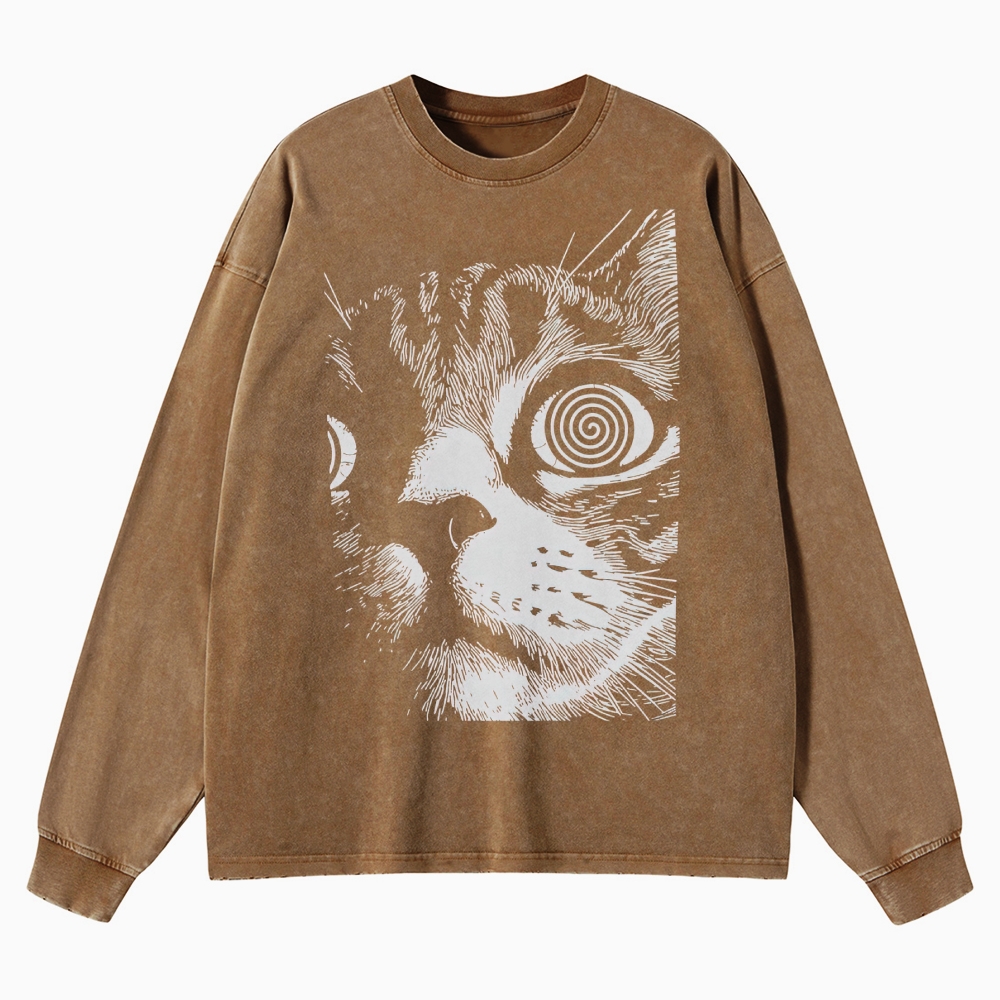 Cat Face Washed Long-Sleeved T-Shirt 