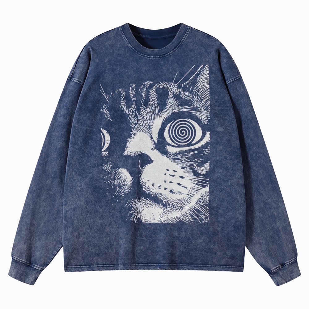 Cat Face Washed Long-Sleeved T-Shirt 