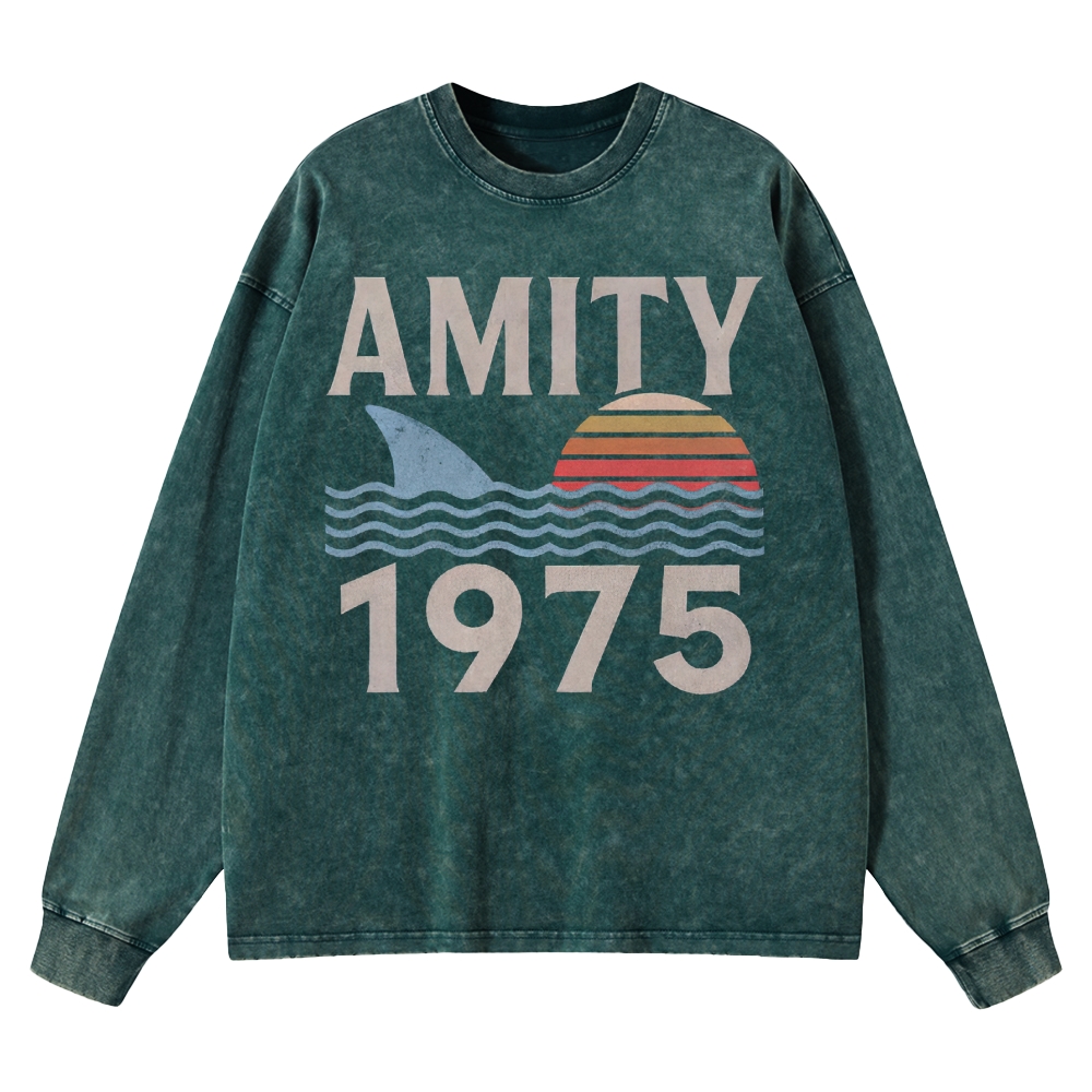 Retro Ocean Sunset 1975 Beach Washed Long-Sleeved T-Shirt 