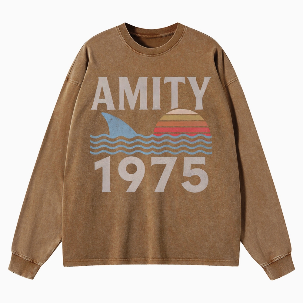 Retro Ocean Sunset 1975 Beach Washed Long-Sleeved T-Shirt 