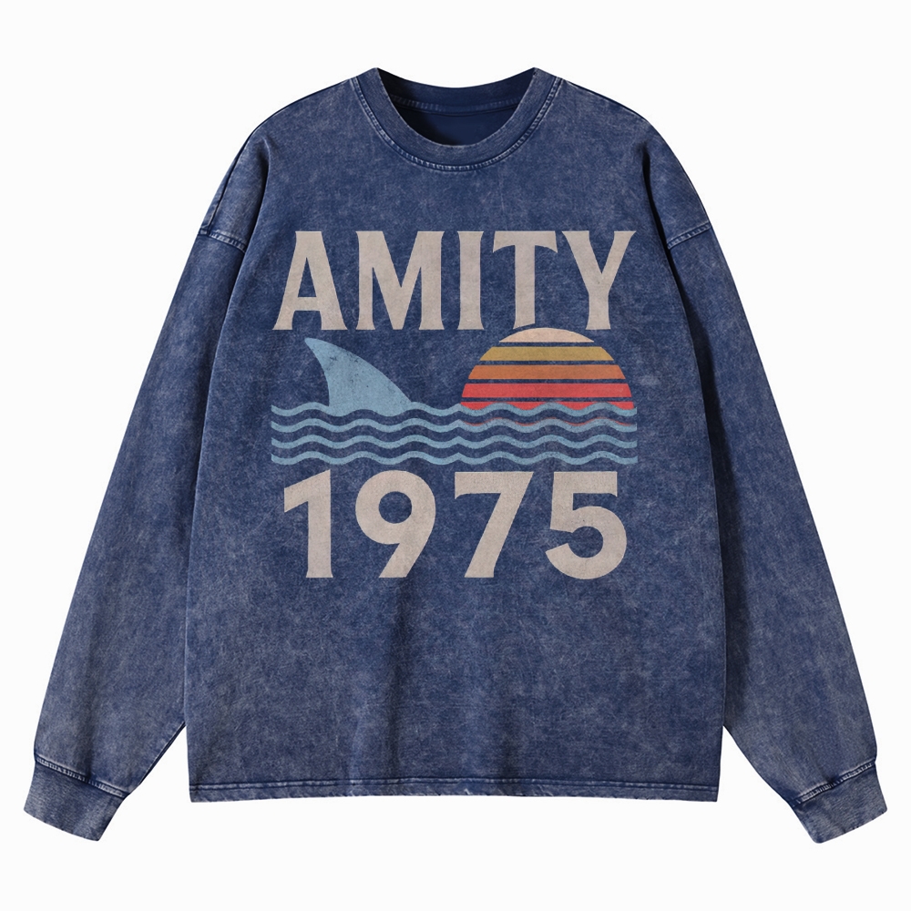 Retro Ocean Sunset 1975 Beach Washed Long-Sleeved T-Shirt 