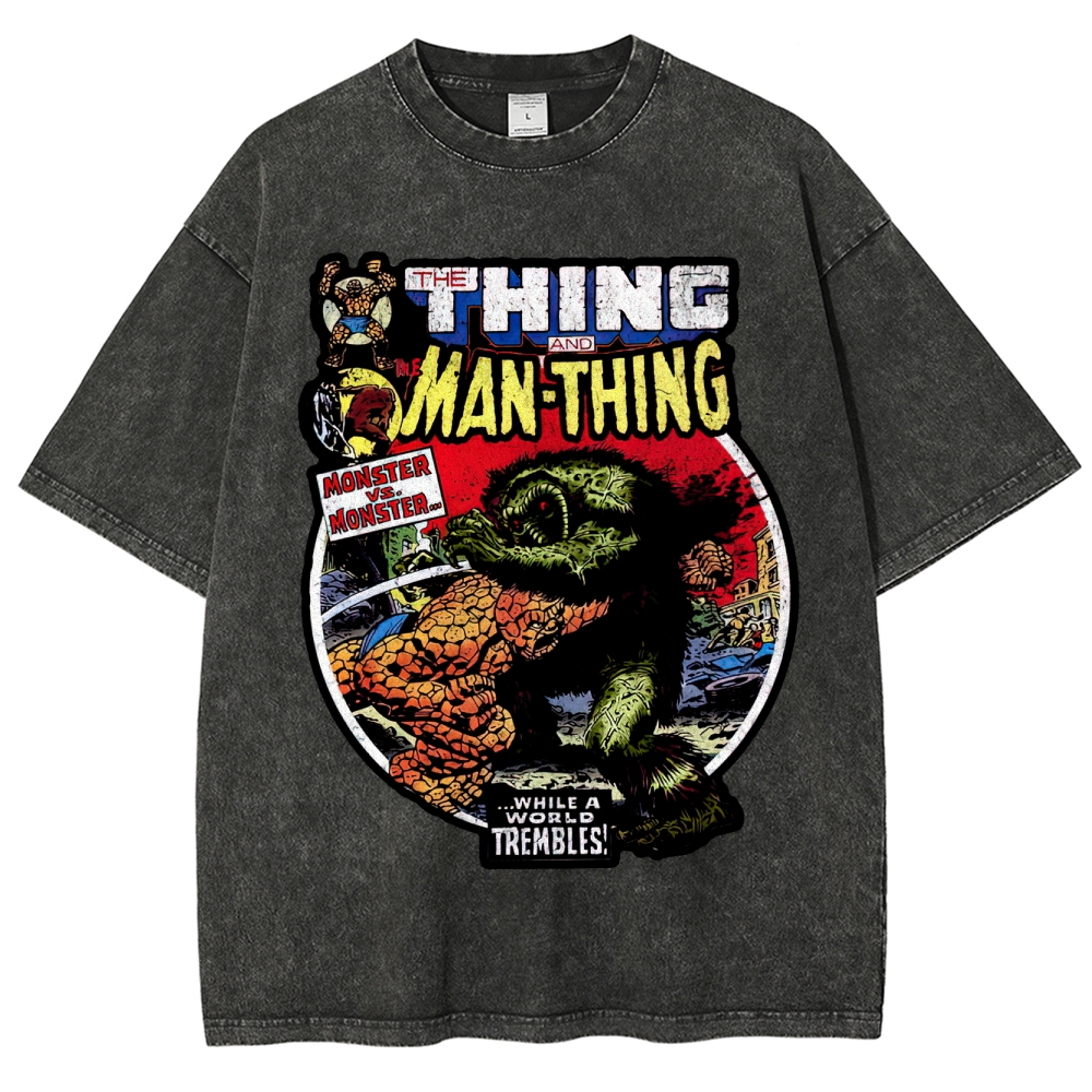 Retro Comic Style Monster Battle Washed T-Shirt 