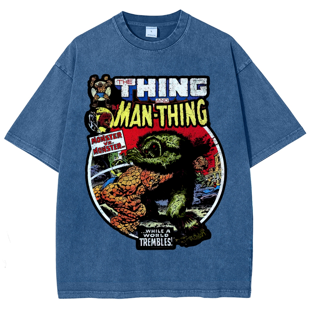 Retro Comic Style Monster Battle Washed T-Shirt 