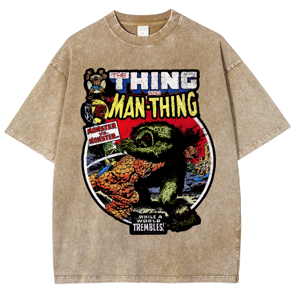 Retro Comic Style Monster Battle Washed T-Shirt 
