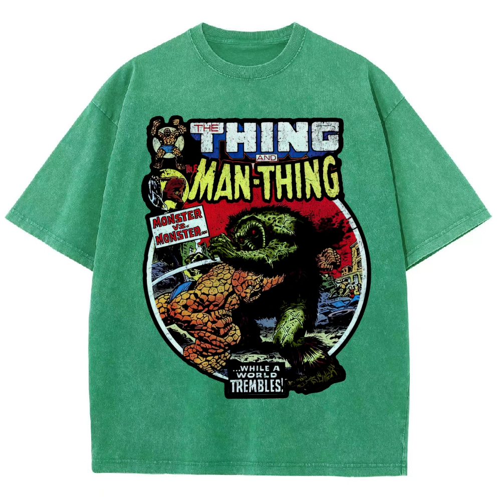 Retro Comic Style Monster Battle Washed T-Shirt 
