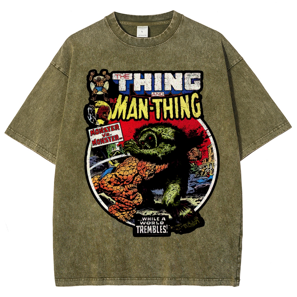 Retro Comic Style Monster Battle Washed T-Shirt 