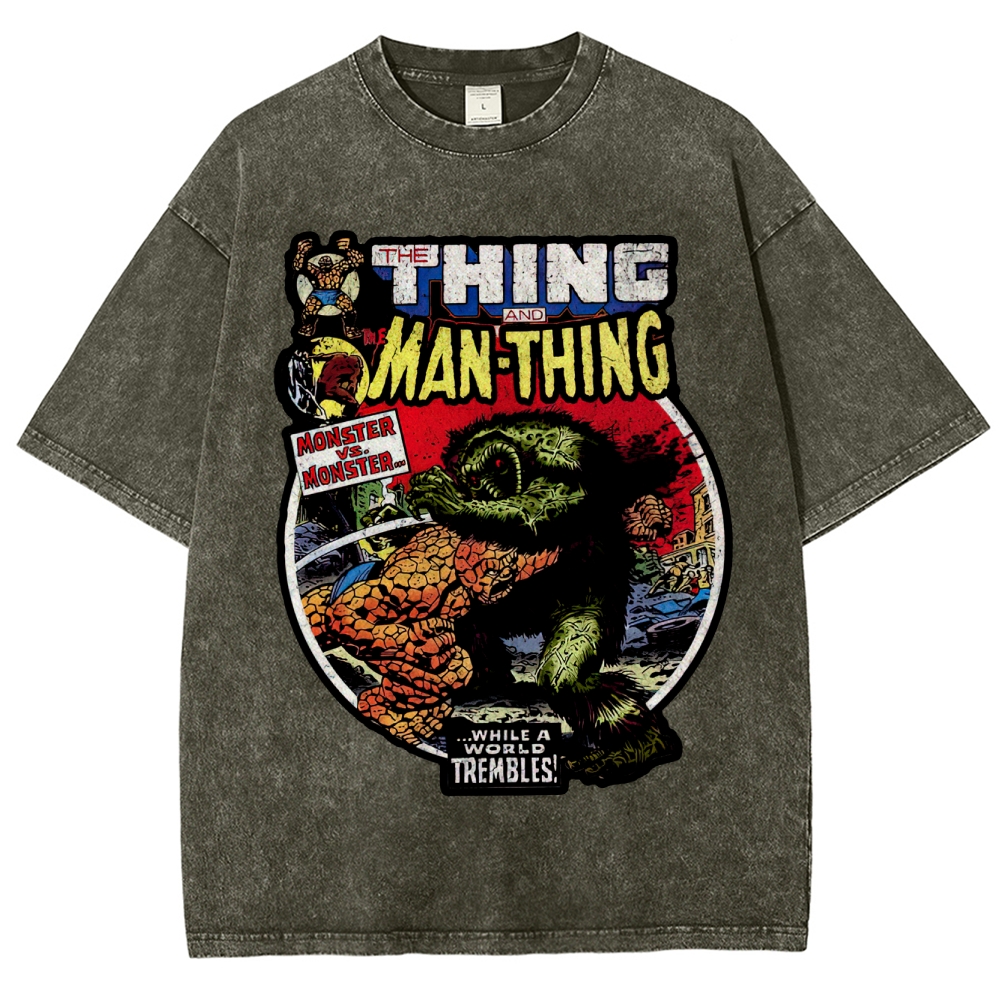 Retro Comic Style Monster Battle Washed T-Shirt 