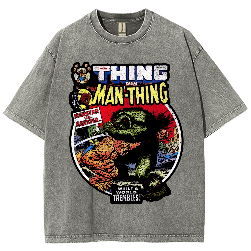 Retro Comic Style Monster Battle Washed T-Shirt 