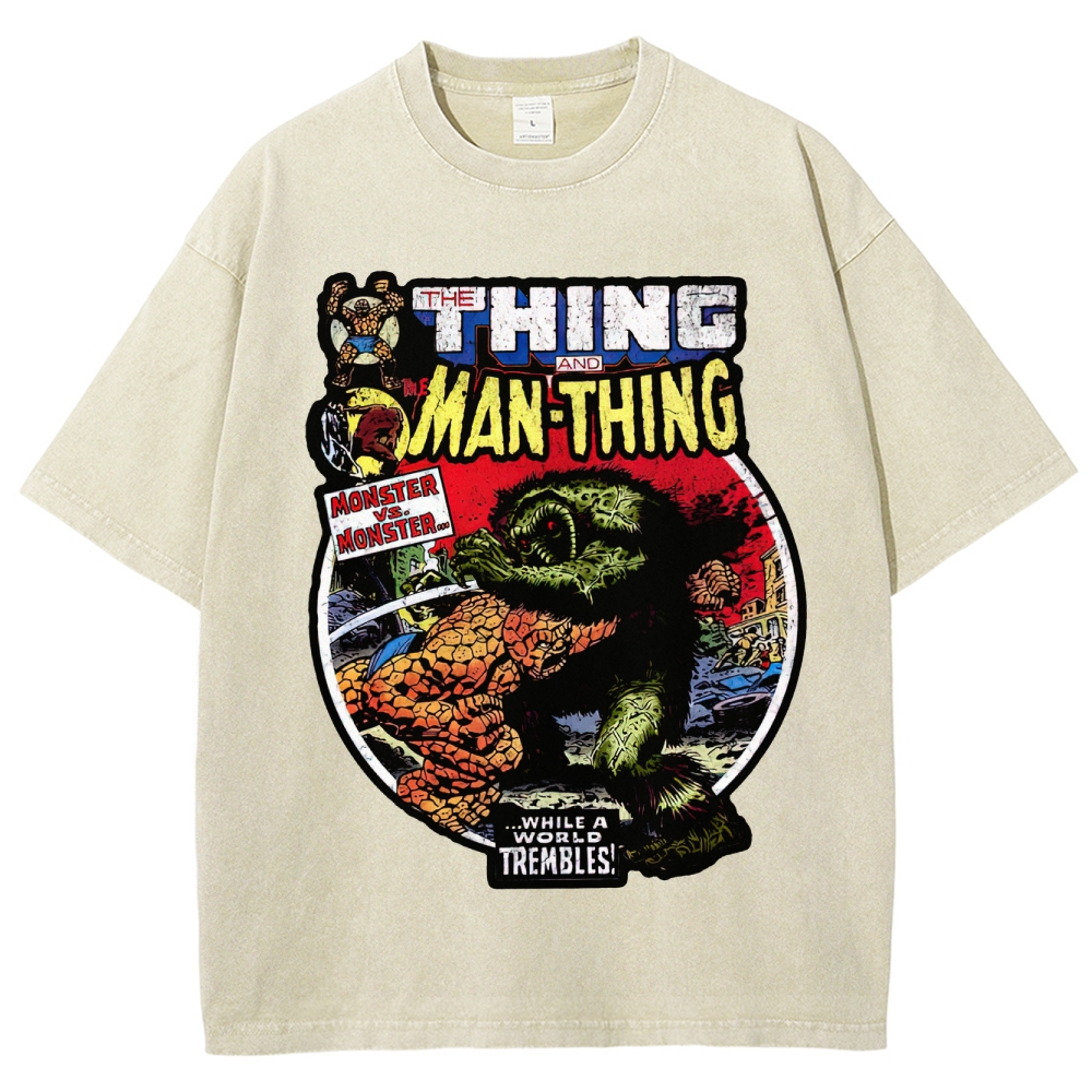Retro Comic Style Monster Battle Washed T-Shirt 