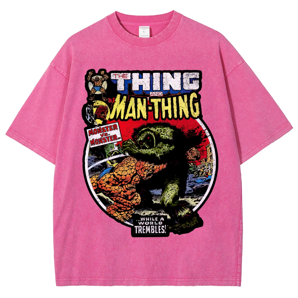 Retro Comic Style Monster Battle Washed T-Shirt 