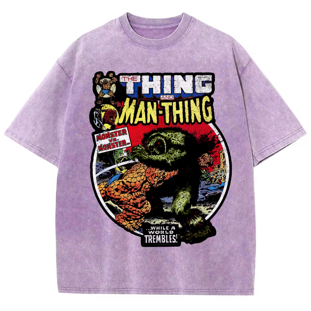 Retro Comic Style Monster Battle Washed T-Shirt 
