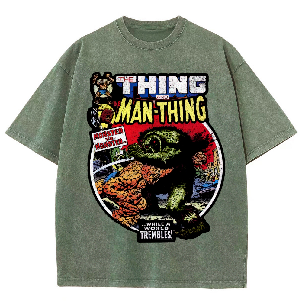 Retro Comic Style Monster Battle Washed T-Shirt 
