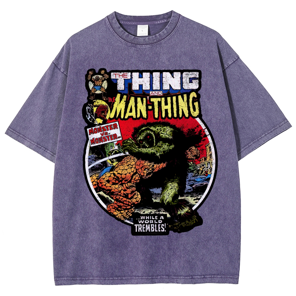 Retro Comic Style Monster Battle Washed T-Shirt 