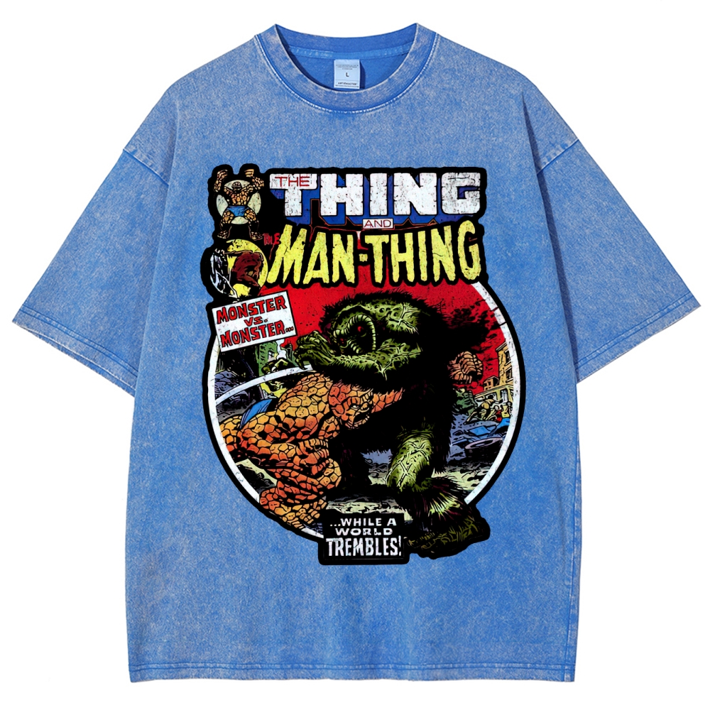 Retro Comic Style Monster Battle Washed T-Shirt 
