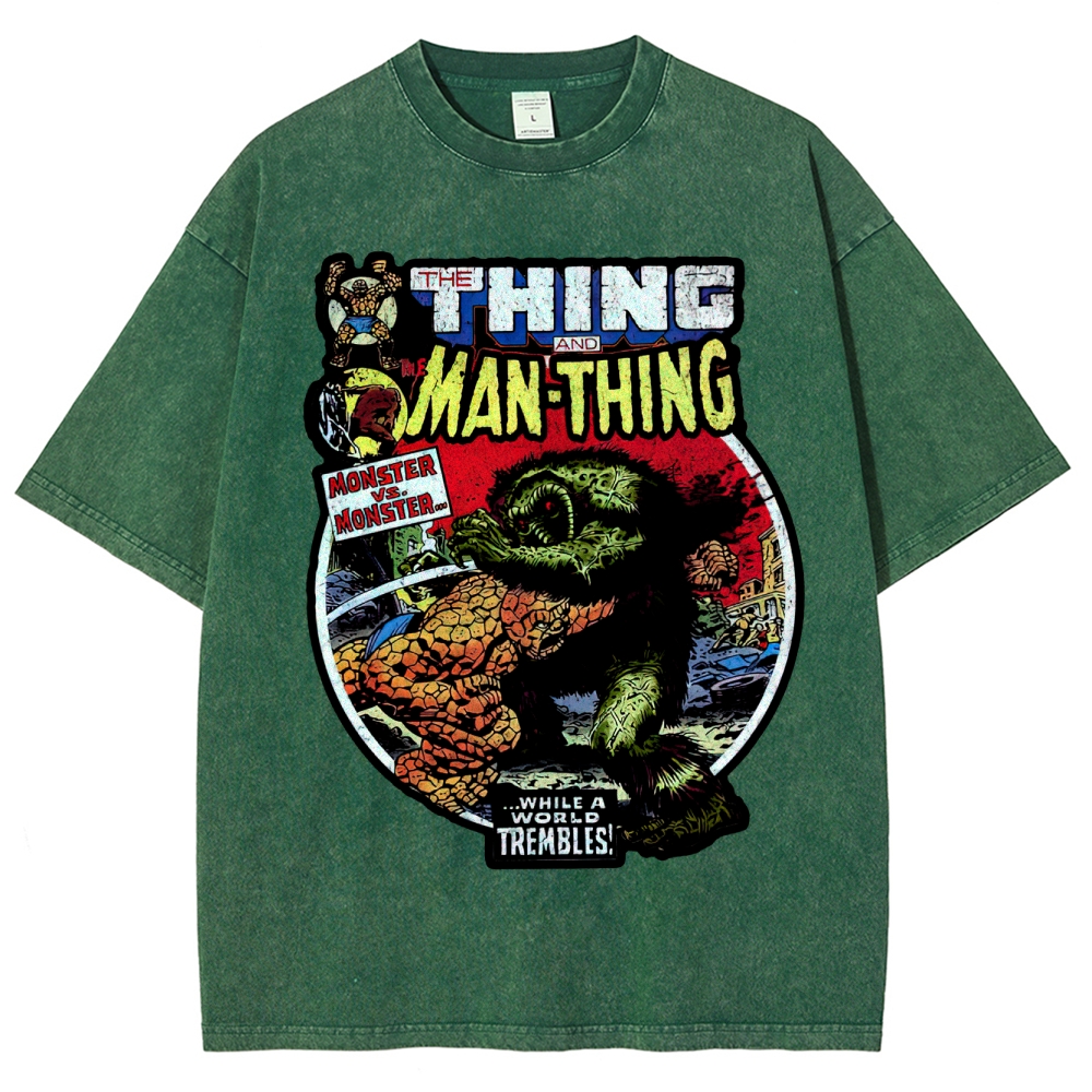 Retro Comic Style Monster Battle Washed T-Shirt 