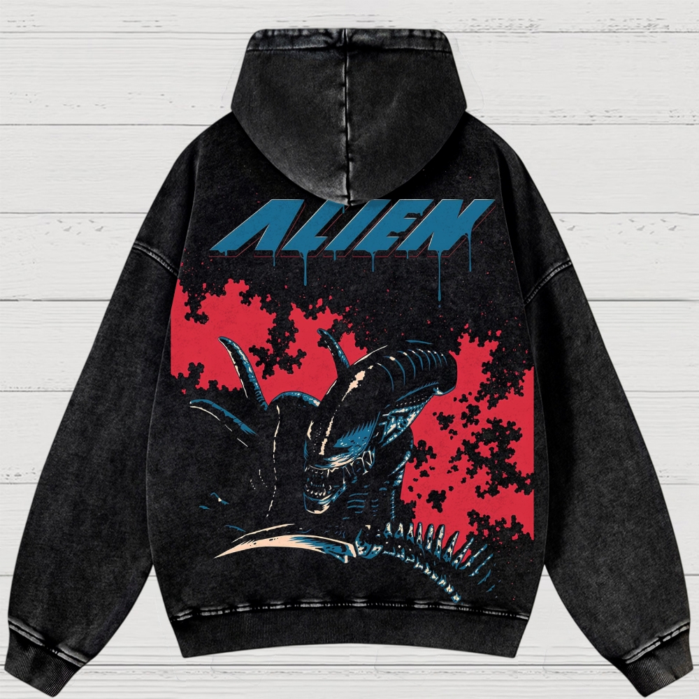 Sci-Fi Horror Creature Graphic Retro Washed Hoodies