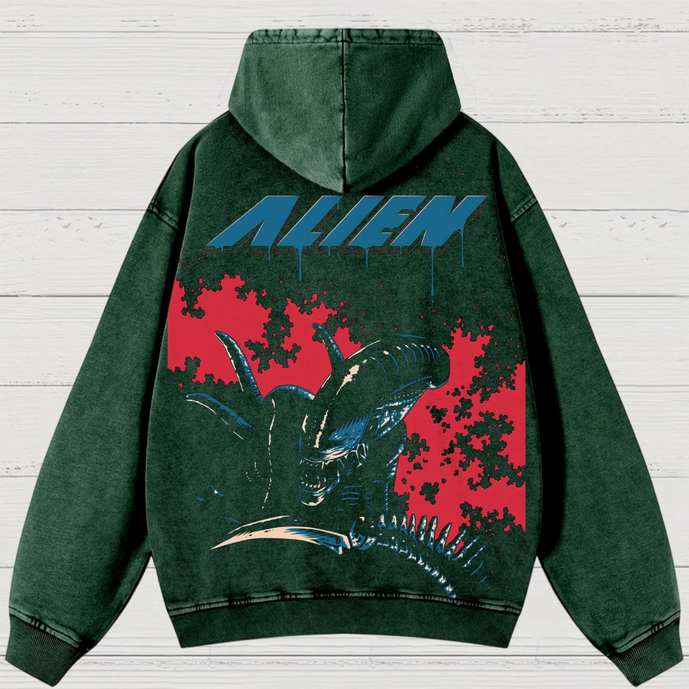 Sci-Fi Horror Creature Graphic Retro Washed Hoodies